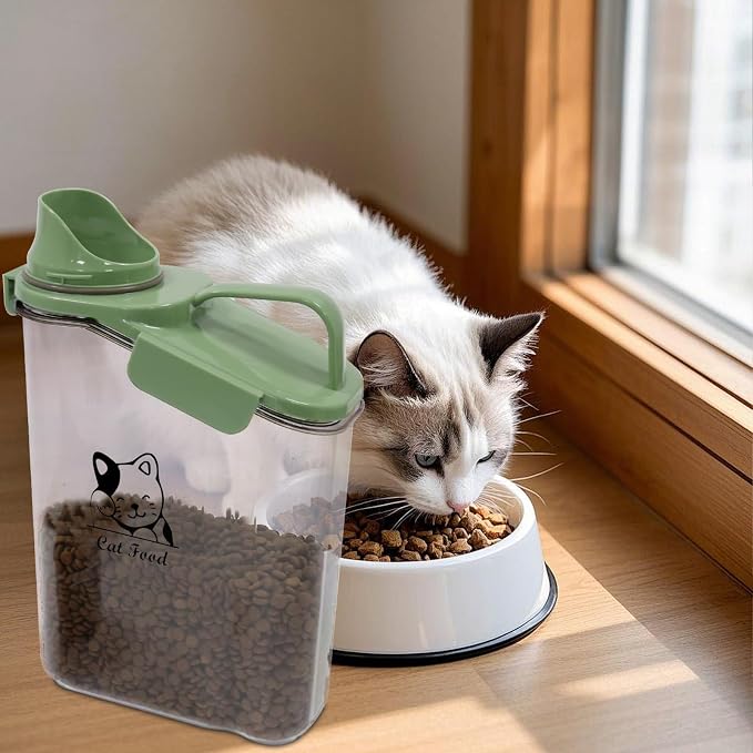 Geyecete dry cat food container with Measuring Cup & Pour Spout Portable-3 Qt/2.8 L Clear Plastic cat Food Jar Airtight Transparent-Green