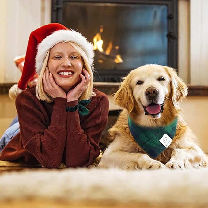 E-Clover Christmas Green Dog Bandanas Matching Dog Bandana and Scrunchie | Green Plaid Dog Bandana Matching Dog and Owner Clothes Dog Mom Gifts Dog Bandanas Girl Boy
