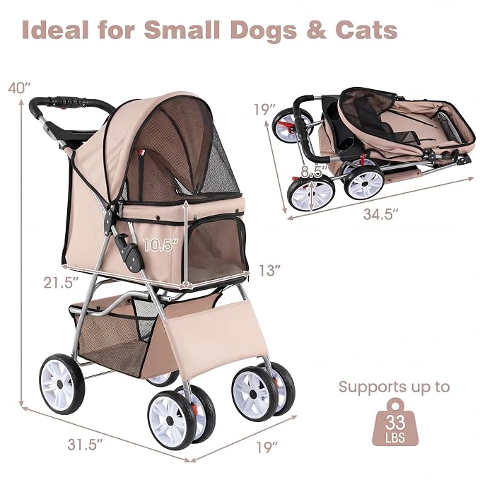 Giantex Foldable Pet Stroller for Small Dogs & Cats, Lightweight Dog Stroller with Lockable Wheels, One-Hand Quick Fold, Adjustable Canopy, Safety Leash & Storage Basket, Pet Travel Stroller, Beige