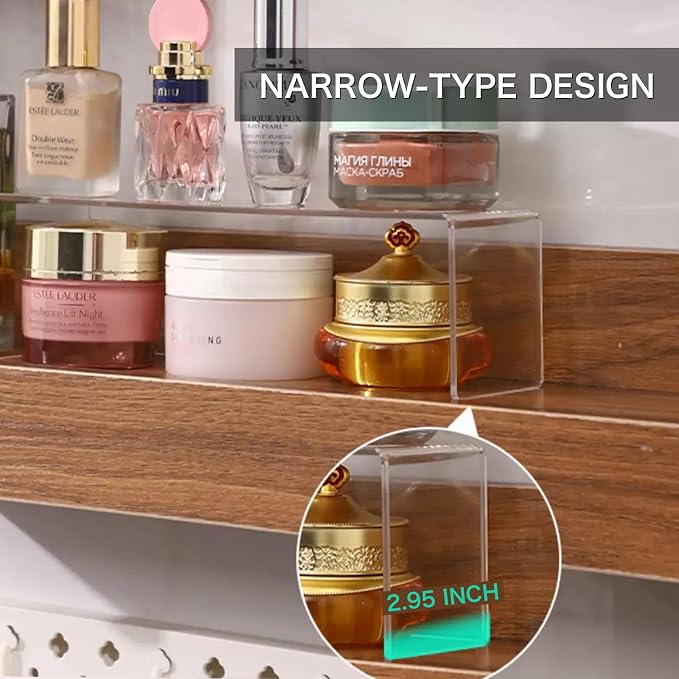 2 Pack Acrylic Medicine Cabinet Organizer, Narrow Bathroom Mirrior Cabinet Storage Shleves, Clear Acrylic Risers for Vanity, Kitchen & RV (11.34 x 2.95 x 3.66 in)