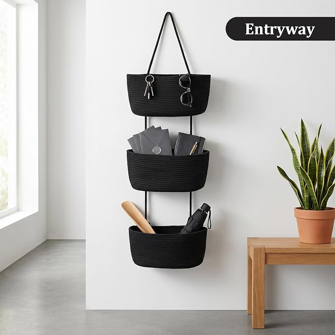 TeoKJ Over the Door Hanging Basket, 3-Tier Woven Cotton Wall-Mounted Storage Organizer Bag Decorative Hanging Nursery Baskets, Black