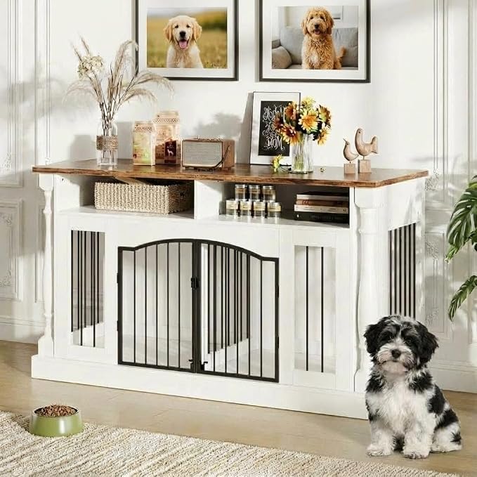 63" Large Dog Crate Furniture for Small & Medium Dogs, Roman Column Kennel Furniture with Semi-Open Storage, TV Stand Dog Cage Table, Heavy Duty Indoor Dog Kennel, White+Rustic Brown Top