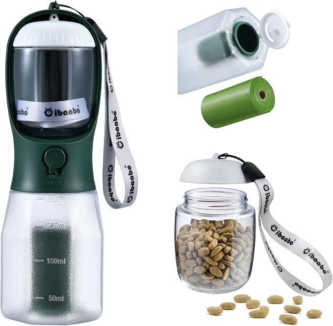 Cibaabo Dog Water Bottle with Food Container & Poop Bag Holder & Filter | Feeding & Hydration & Waste All in One | Travel Puppy Water Bowl | Portable Pet Dispenser | Dog Gifts | for Walking Beach