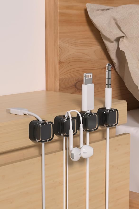 6 Pack Magnetic Cord Organizer & Cable Clips - Adjustable Under Desk Cable Management, Adhesive Wire Holder for Home, Office, Phone, Car, Wall, and Nightstand (Black)