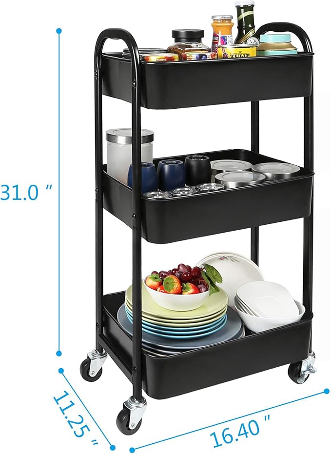 3-Tier Rolling Utility Cart with Caster Wheels Easy Assembly, Black | Easy Assembly, multi-purpose storage trolley for kitchen, rolling cart with smooth caster wheels for bathroom
