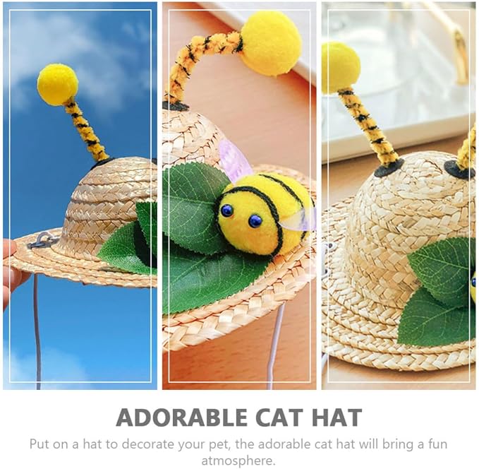 YARNOW Creative Bee-Shaped Pet Hat for Dogs and Cats, Wheat-Straw Material, Safe and Delicate Design, for Holidays and Halloween Party Decoration
