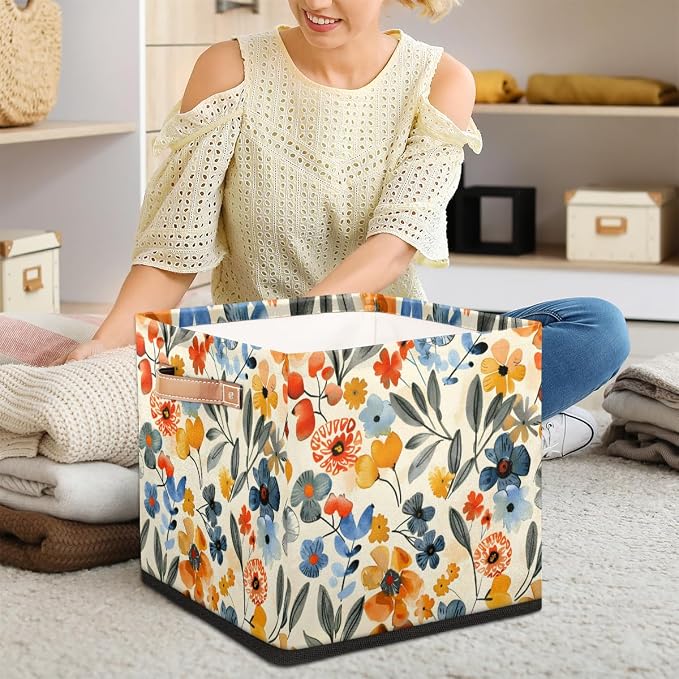 Floral Cube Storage Bin, 13 Inch Collapsible Fabric Storage Cubes Bin, Colorful Flowers Foldable Cube Baskets for Shelf, Closet, Organizer
