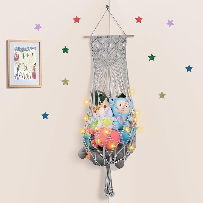 63 Inch Stuffed Animal Storage Corner,Macrame Toy Plushie Net,Gray | Wall Ceiling Over Door Hanging Hammock for Stuffed Animals,Toy Storage Display w/ Star Lights,Nursery Playroom Kid Room Decor