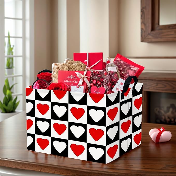 Cute Large Valentine's Day Gift Basket Empty Heart Decor Storage Bin for Kid Baby Room Décor (Checkered Red and White)