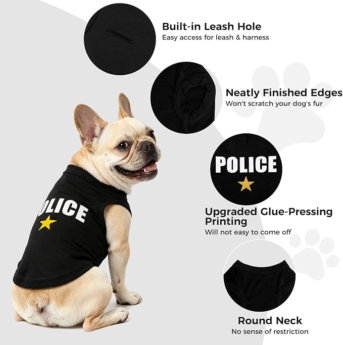 BINGPET Police Dog Shirts,Soft Cotton Puppy Tshirt,Breathable Lightweight Dog Costumes Tank Top Vest,Machine Washable Stretchy Clothes for Small Medium Large Dogs Boy Girl