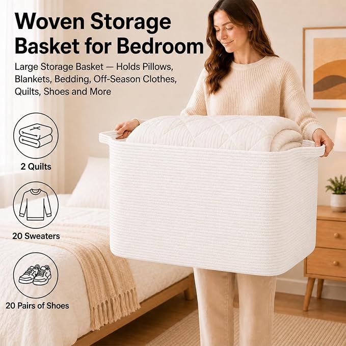 OIASKET 118L Extra Large Blanket Basket Living Room, 24.8"x17.7"x16.2" | Woven Rope Baskets for Storage, Nursery Blanket Storage for Living Room, Toy Basket with Handle Organizing Comforter Pillows
