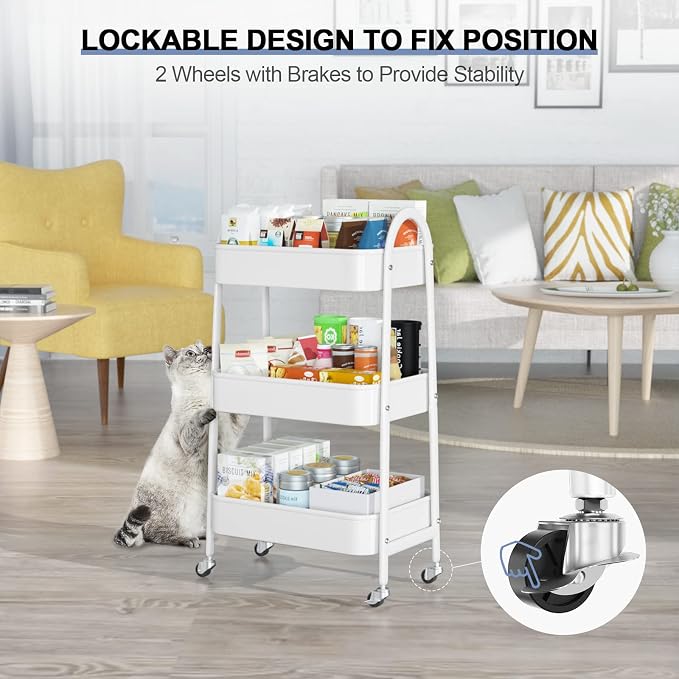 3 Tier Utility Rolling Cart, Metal Storage Cart with Handle and Lockable Wheels, Multifunctional Storage Organizer Trolley with Mesh Baskets for Kitchen, Living Room, Office, Garage (White)