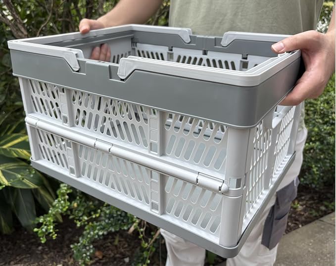 Collapsible Storage Crate with Handles, Milk Crates，33L Foldable Plastic Shopping Basket, Organizer Container for Car Home Pinic (Light pink, Large)