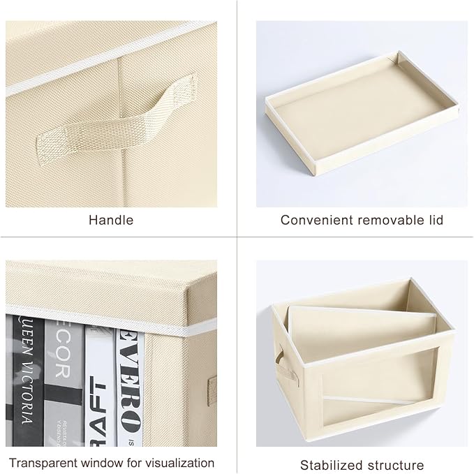 Storage Cubes with Lids - 5 Pack Foldable Clear Window Storage Bins, Large Decorative Storage Bins with Handles, Storage Containers for Clothes, Towel, Blanket, Sheet, Beige