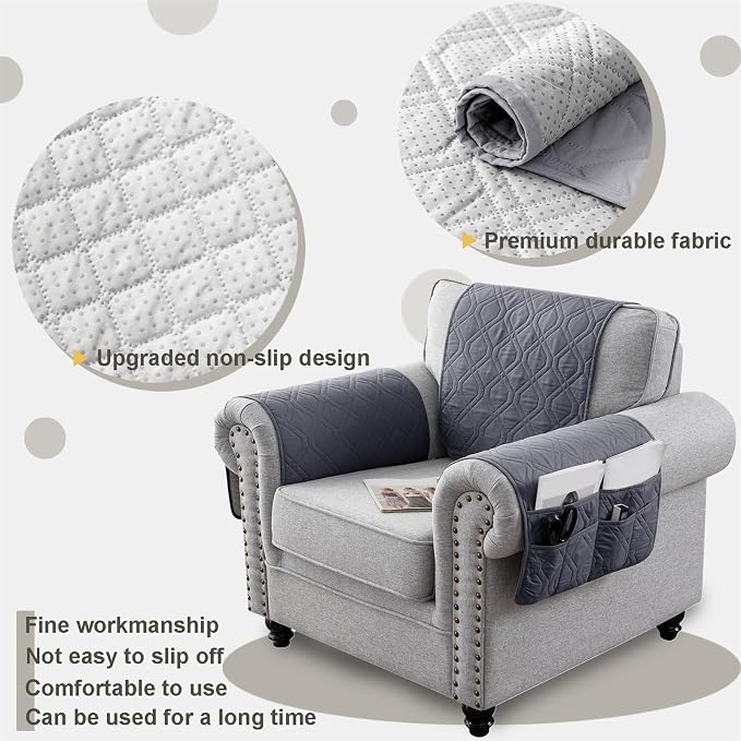 Waterproof Armrest Chair Covers with 6 Side Pocket 1 2 3 Seater Anti-Slip Chair Headrest Cover Armchair Slipcover Washable Protector for Pets Leather Sofa Couch (Grey,2 Seater 4PCS)