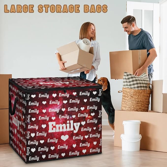 Personalized Name Large Storage Basket with Lid, Canvas Storage Bins Quilt Clothes Organizer for Bedroom, Kitchen, Bathroom, Nursery, Shelves, Closets, Love Heart Red Galaxy