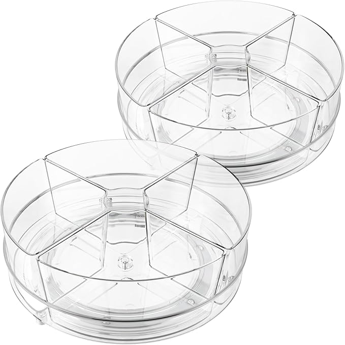 2 Pack Lazy Susan Organizer, 9 inch Rotating Storage Organizer with Bins | Degree Rotating Clear Turntable with 4 Removable Bins, Lazy Susan Turntable Organizer for Fridge, Kitchen, Vanity, Cabinet