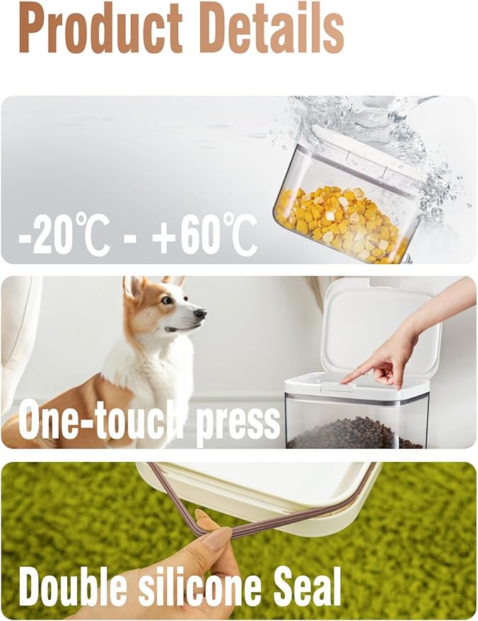 LivLab Mker 5-10 lb Airtight Dog Food Storage Container, White | Large airtight bin with pop-lock lid and clear body; stores 5-10 lb of dry dog food, cat treats, rice, or flour.