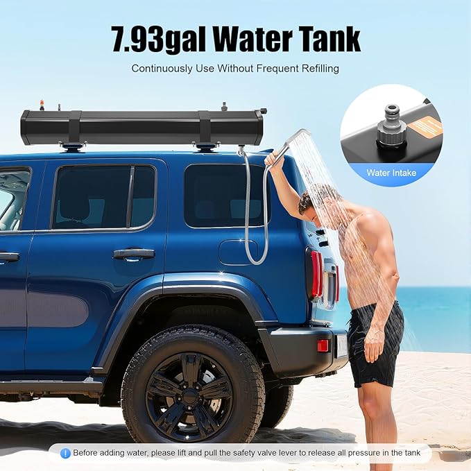 7.93 Gallon Self-Pressurized Water Tank Bumper Mount Roof Rack Water Storage Portable Shower for Camping with 5.58ft Hose Self-Pressurizing Design for Hiking, Travel Car Pet