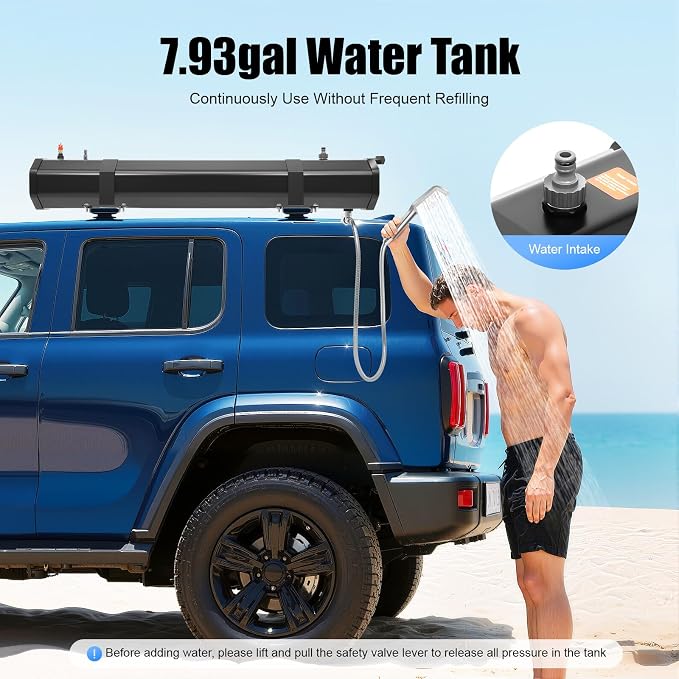 Pressurized Water Tank for Camping, Roof Rack Mount Road Shower with Water Hose & Storage Bag, Portable Off Road Shower Water Storage Tank for Hiking, Car wash, Pet Cleaning