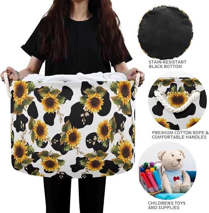 Sunflower Cow Print Collapsible Round Storage Basket with Handles | Yellow Flowers Large Laundry Baskets Hamper, Clothes Organizer Bin for Bedroom Living Room Decor, 20x 20x 14 Inches