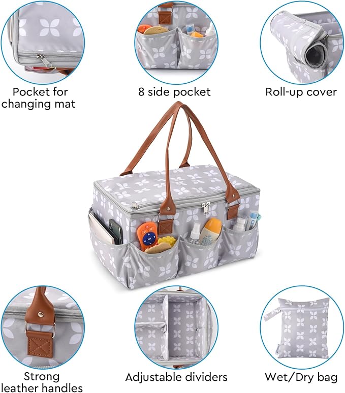Diaper Caddy with Changing Mat, Large Baby Diaper Caddy Organizer with Lid, Portable Organizer Basket for Baby Essentials, Roll-Up Lid, Built-In Changing Mat Pocket