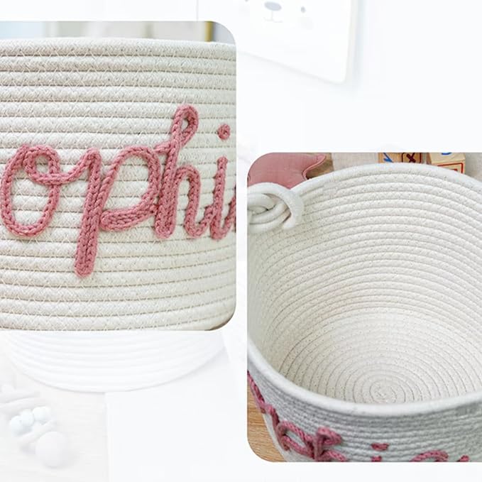 Personalized Cute Small Woven Basket with Handles, Custom Cotton Rope Room Shelf Storage Basket, Empty Decorative Gift Basket, Decorative Round Bin for Nursery Bedroom Bathroom (Style E)