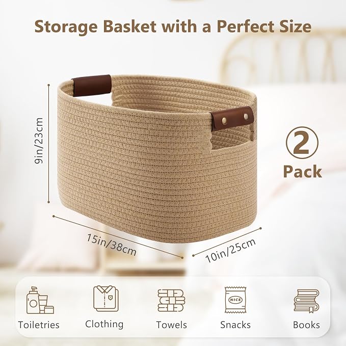 ECDYQXVU 15x10x9 Woven Cotton Rope Storage Basket, Leather Handles 2 Pack | Foldable Design, Sturdy PU Handles, Easy to Clean Organizer for Living Room, Closet, Shelves, Bedroom, Laundry, Clothes
