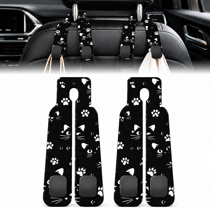 2 Pack Black Cat Car Headrest Hooks for Purse Bag Seat Back Hanger | Black Cat Face Car Accessories Metal Hook, Feline Lover Gifts for Women, PU Leather Double Hook for Backseat Organizer