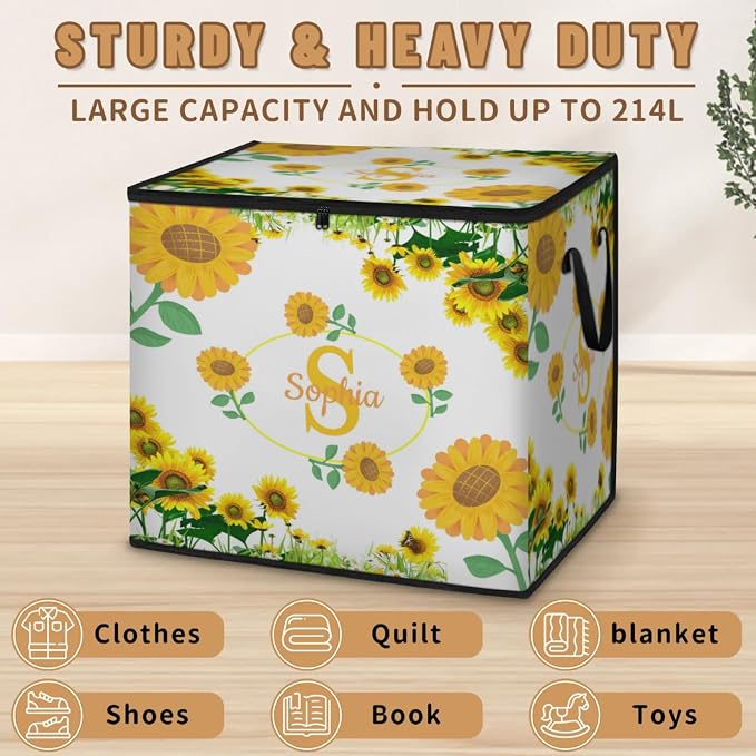 Personalized Extra Storage Bins with Lid, Customized Name Initial Letter Jumbo Storage Basket Rectangle Clothes Organizer for Organizing Kids and Pets Toys Shelf Closet, Summer Sunflowers