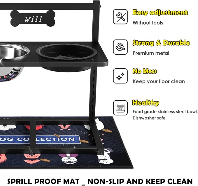 ADENGL 9 Height Adjustable Dog Bowl Stand with Two 1.7L Stainless Steel, Slow Feeder Bowls and Nonslip Pad, Perfect for Medium and Large Dogs