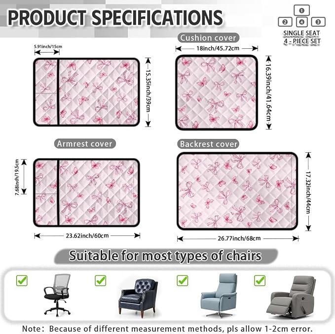 Pink Bow Recliner Slip Covers that Stay in Place 4 Piece | Quilted Recliner Chair Covers with Arms Stain Resistant Recliner Cover for Reclining Sofa Armchair,Non-Slip