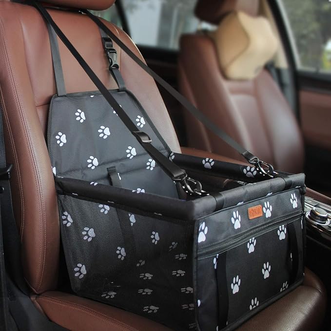 BYGD Pet Travel Dog Car Seat with Cushion Suitable for Small & Medium Pets | Comes with Summer Cooling Mat to Keep Pets Chill, Adjustable Safety Straps, Breathable & Foldable Pet Basket for Road Trips