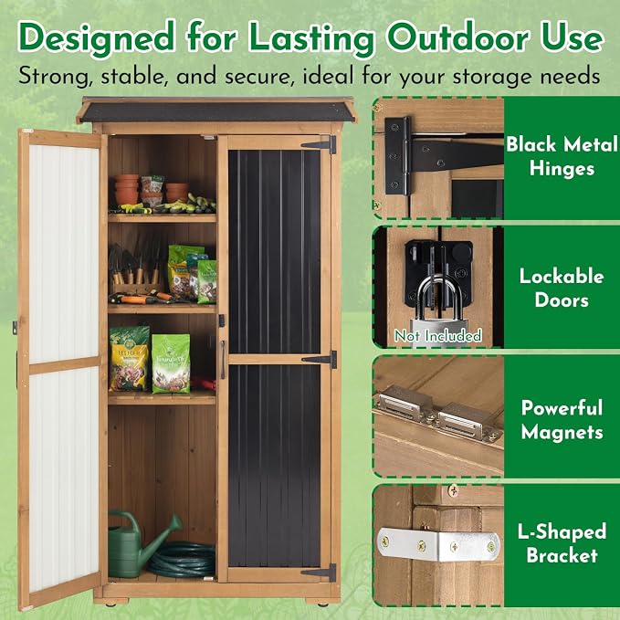 Ketive Outdoor Storage Cabinet, Wood & Metal Garden Cabinet with 3 Adjustable Shelf, Weather-Resistant Roof, Lockable Doors & Adjustable Feet for Patio, Garden, Farm (33" L x 21" W x 69" H)
