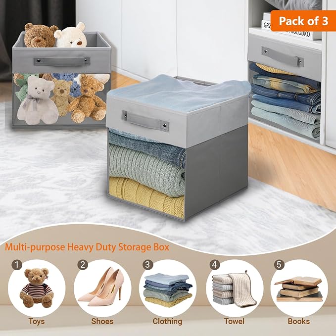3-Pack Foldable Storage Cubes with Clear Window,Heavy Duty Fabric Storage Bins for Closet,Nursery,Office,Dorm & Home Organization,Space-Saving Box Organizer Basket for Books,Clothes,Toy (Gray & White)