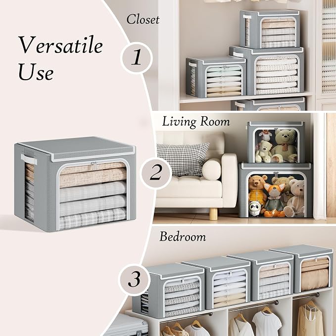 Yecaye Stackable Clothes Storage Bins with Lid, Grey, 40L, 6 Pack | Metal Frame, Foldable, Clear Window & Zippers & PU Leather Handles