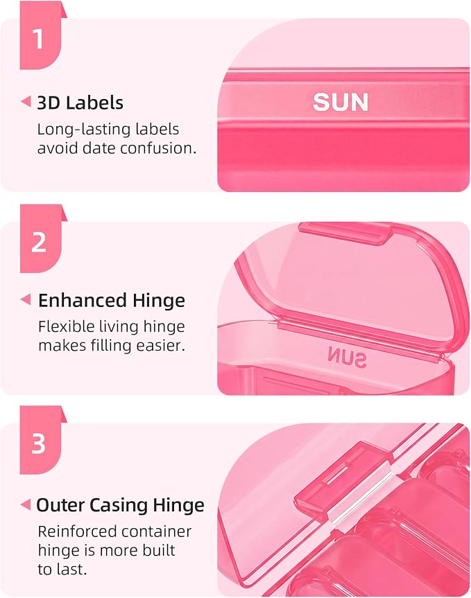 PULIV Weekly Pill Organizer with Large Capacity, Dual Protection (Pink) | Pill Box 7 Day, Arthritis Friendly Pill Case Easy to Open, Medicine Organizer for Vitamins, Medication, Fish Oils, Supplement