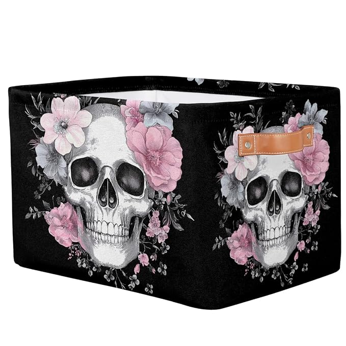 SEULIFE Floral Sugar Skull Flower Halloween Foldable Storage Basket, Large Collapsible Organizer Storage Bin Cube Toys Storage Boxes with Handles for Bathroom Kids Nursery Closet Storage, 1 Pack