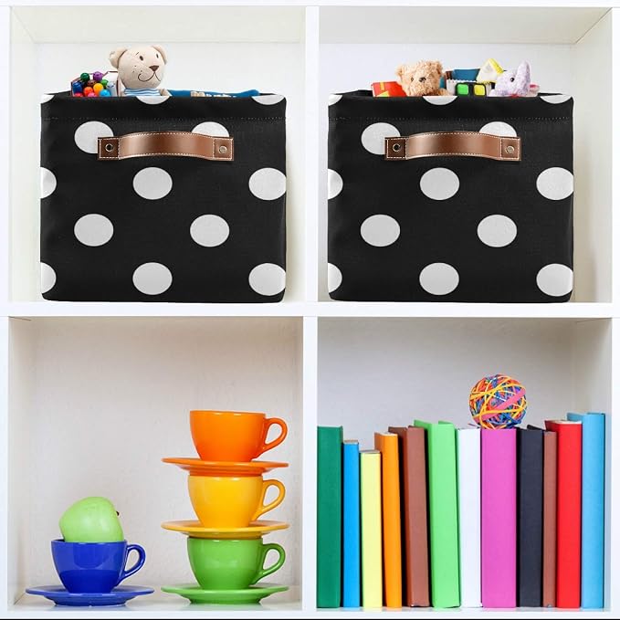 susiyo Large Foldable Storage Bin Black White Polka Dot Fabric Storage Baskets Collapsible Decorative Baskets Organizing Basket Bin with PU Handles for Shelves Home Closet Bedroom Living Room-2Pack
