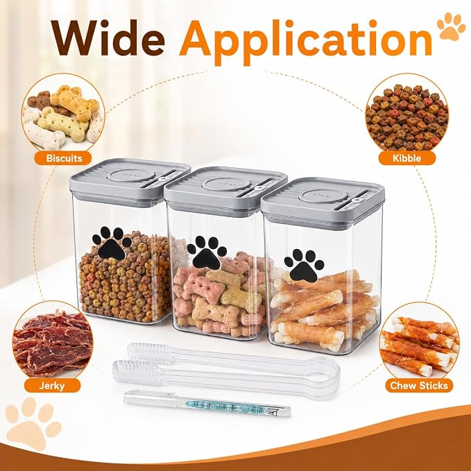 3-Pack Airtight Pet Treat Jars | 48oz Clear Dog & Cat Food Storage Container | Dog Cat Treat Container for Kitchen Counter | Small Dogs Kibble Bin | Dog Cookie Jar - BPA free