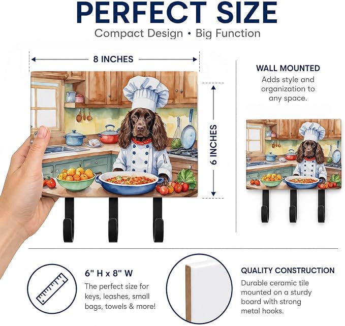 Caroline's Treasures Boykin Spaniel The Chef Leash or Key Holder Wall Hooks, Key Hooks Holder, Coat Rack Wall Mount, Coat Hooks, Hooks for Hanging Keys, Towels, Aprons, Leashes | Boykin Spaniel The Chef artwork on ceramic tile with three steel hooks fo...