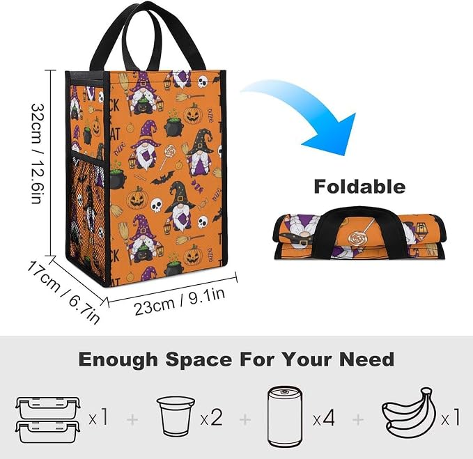 Reusable Insulated Lunch Bag Portable Thermal Lunch Box Compatible with Halloween Funny Witches Gnome Cute Cartoon Picnic Cooler Organizer Totes Food Containers Bag