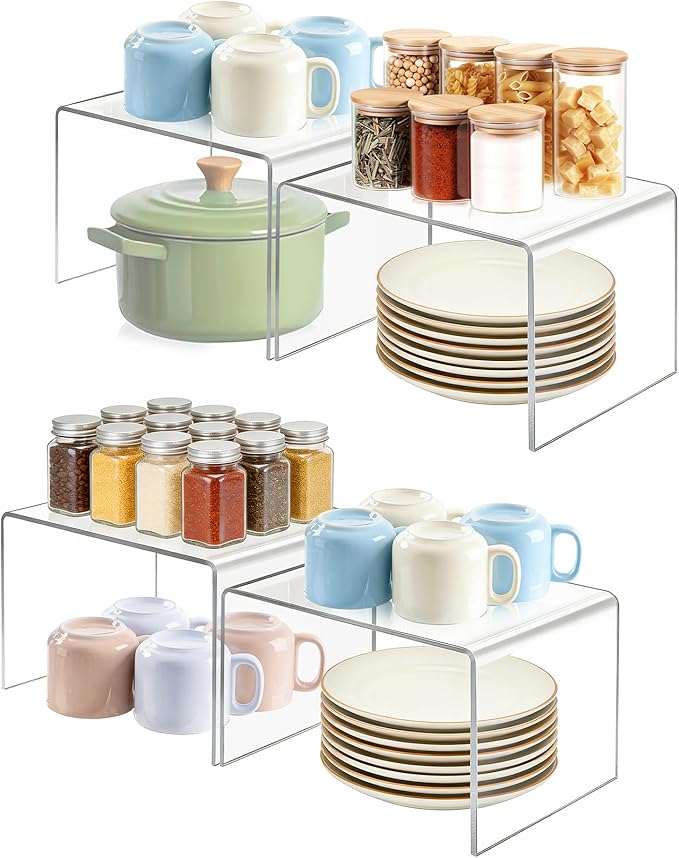 Acrylic Cabinet Organizer, Set of 4 Clear Shelf Organizer for Kitchen Pantry Organizers and Storage, Display Cabinet Shelf Room Decor Countertop Desk Shelves, Spice Organization for Cabinet