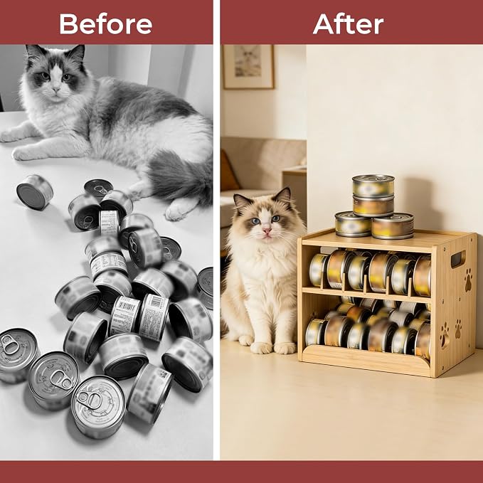JALZ JALZ Bamboo Cat Food Can Dispenser 2-Tier Gravity Pet Food Storage Rack | Compact 2-tier organizer maximizes vertical space in your pantry, cabinet, or countertop