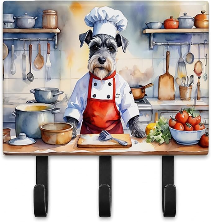 Caroline's Treasures Schnauzer The Chef Leash or Key Holder Wall Hooks, Key Hooks Holder, Coat Rack Wall Mount, Coat Hooks, Hooks for Hanging Keys, Towels, Aprons, Leashes | Schnauzer The Chef artwork on ceramic tile with three steel hooks for keys, le...