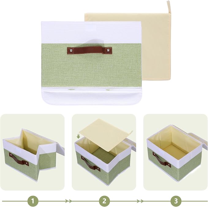 ANMINY Fabric Storage Box Bins with Lids, Green White, 13"x9"x7.9", 2 Pack | Keepsake Memory Storage, Cotton Linen, PP Board Reinforced, Washable, PU Handles, Foldable & Stackable, Decorative, Medium