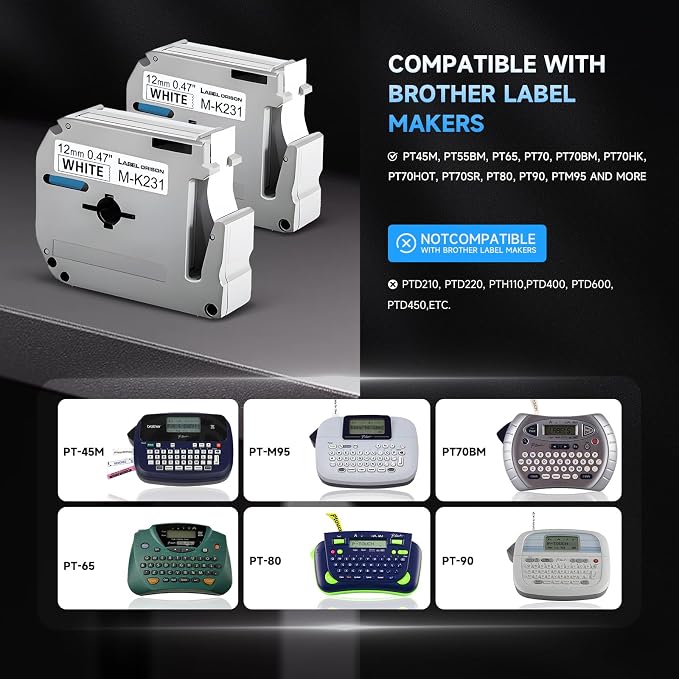 5PK Compatible M Tape M231 MK231 M-K231 M-231 Compatible with Brother Ptouch Label Maker PT-70BM,PT-M95,PT-90,PT-70,PT-65,PT-70SR,PT-85, (1/2") 12mm,0.47-Inch Black on White