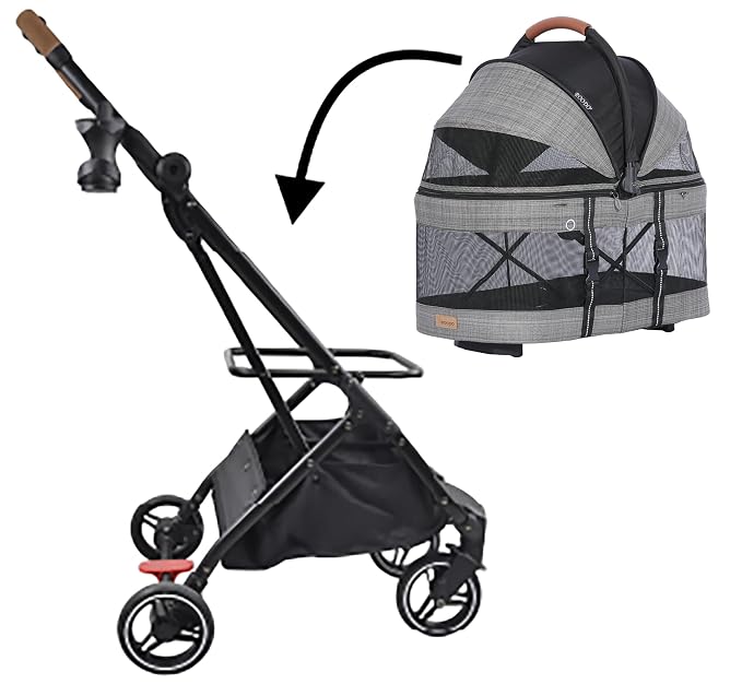 ROODO 2026 Upgraded Version 3-in-1 Dog Cat Stroller with Detachable Carrier Folding Lightweight Portable Travel Pet Gear All-Terrain Puppy Doggie Kitty Bunny Stroller for 35 lbs(Grey Lattice)