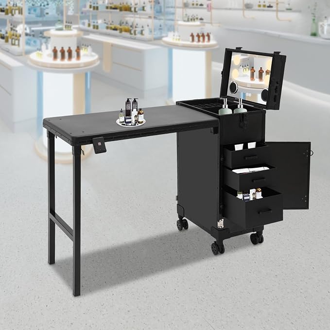 Rolling Manicure Desk Makeup Train Case, Foldable Nail Tables, Travel Cosmetic Trolley with Remote Control and Adapter for Hair Stylists, Pet Groomers, Makeup Artists (Black)