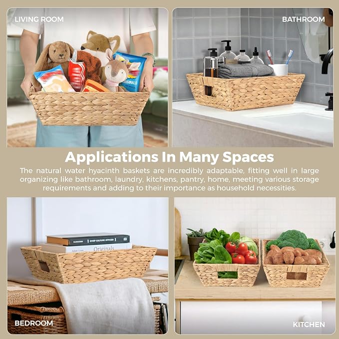 Set of 3 Snack Baskets, Water Hyacinth Basket,Wicker Snack Basket Organizer | Small Wicker Baskets with Handles, Woven Baskets for Storage (3 Medium Basket)